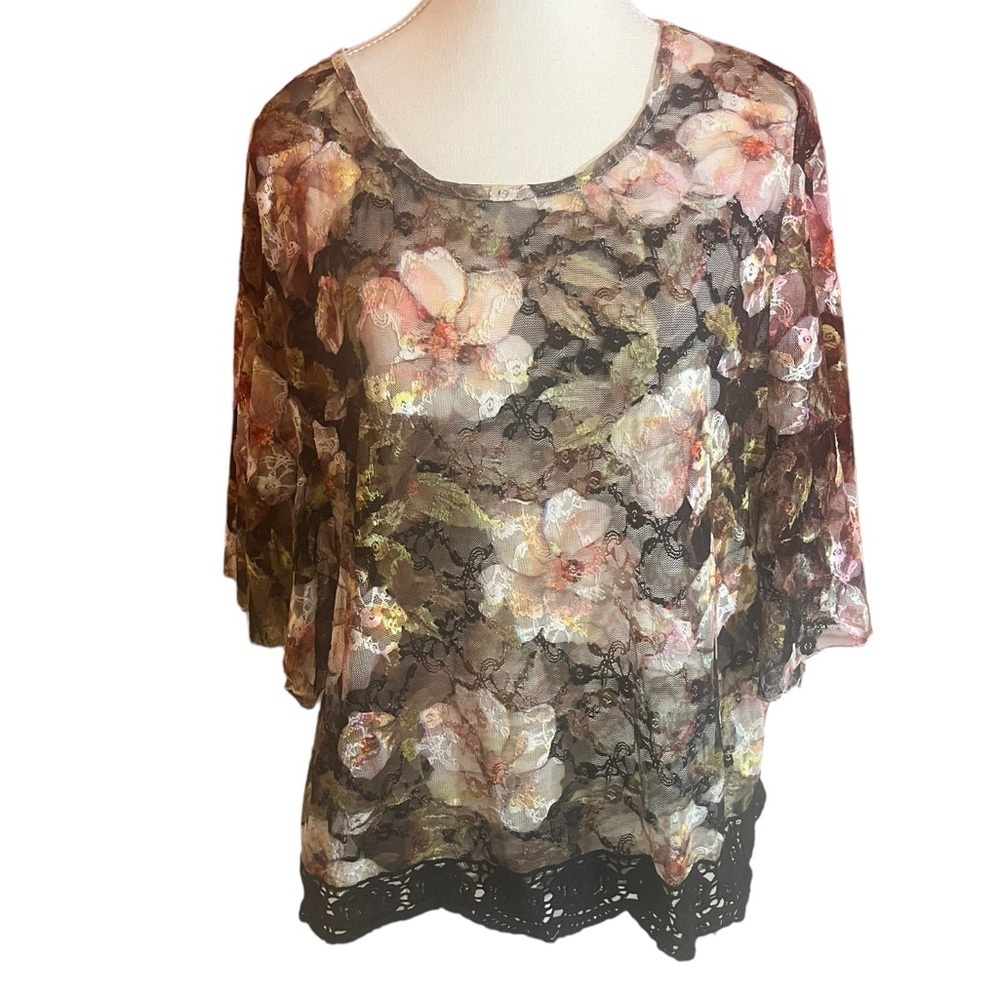 RAIN burn out sheer floral with crochet hem and batwing sleeve boho fairy M